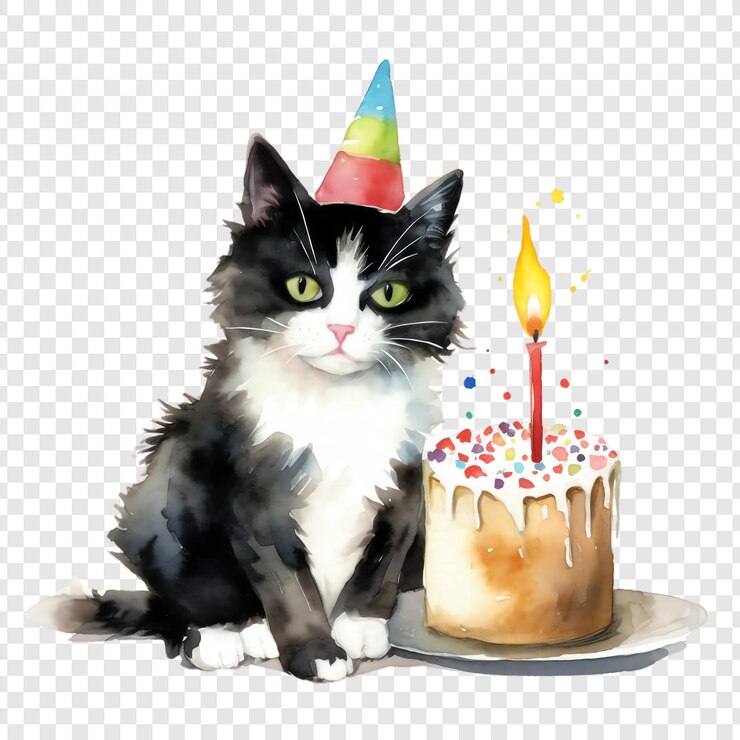 PSD um gato com um chapéu de festa e um bolo de aniversário com uma vela acesa