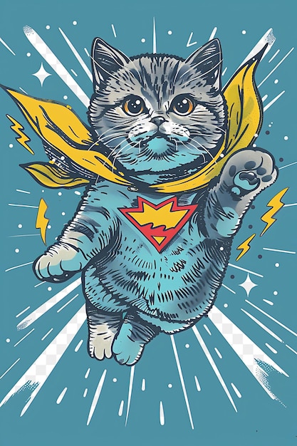 PSD um gato com um traje de super-homem na cabeça está correndo através de uma nuvem de relâmpagos