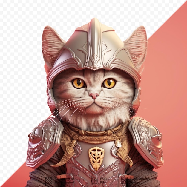 PSD um gato com uma armadura com fundo vermelho.