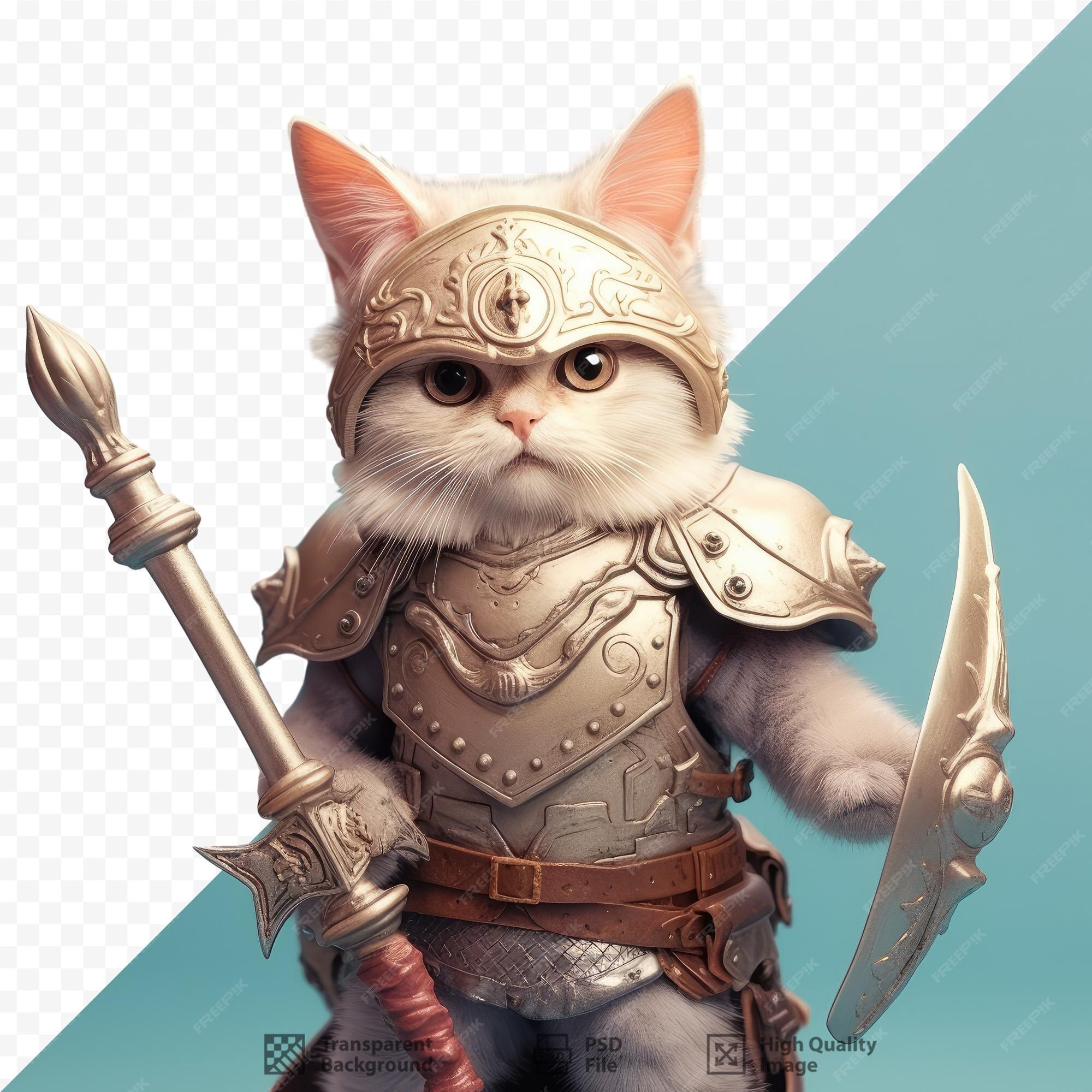 Um gato com uma espada e um escudo