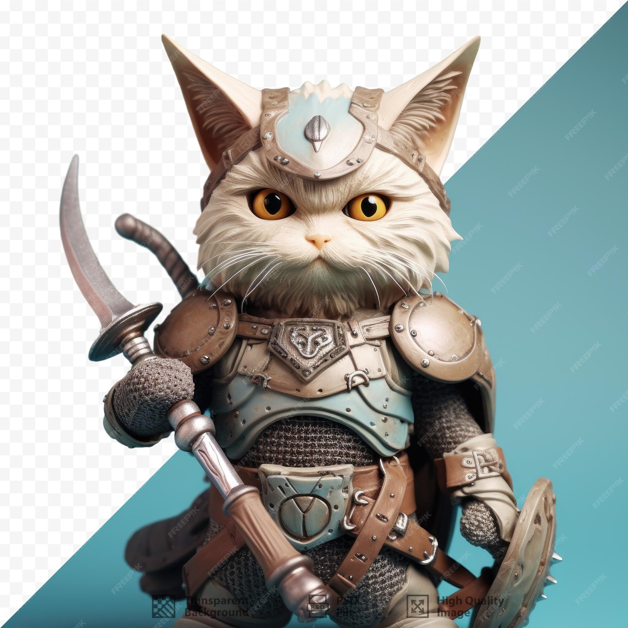 Um gato com uma espada e um escudo