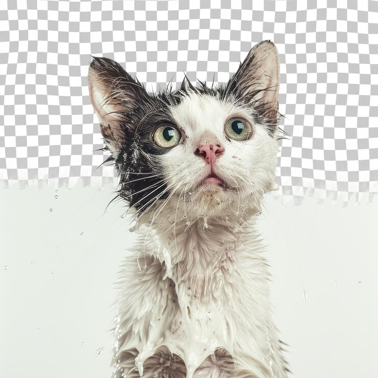 PSD um gato com uma pele branca e preta e um nariz rosa está olhando para cima