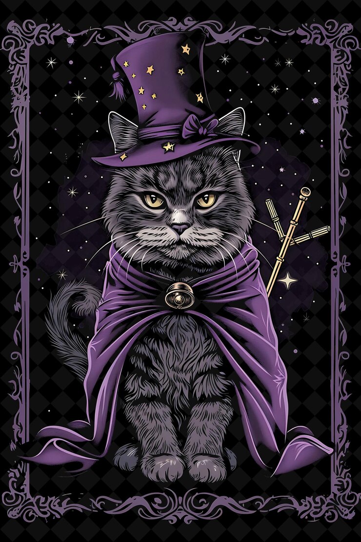 PSD um gato em uma capa roxa com um manto roxo sobre ele