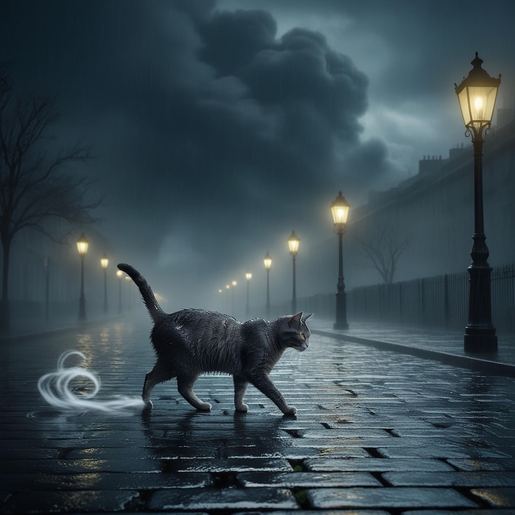 PSD um gato está andando em uma rua molhada com uma luz nele