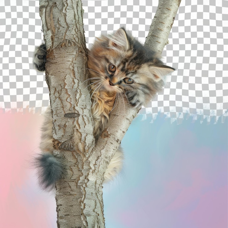 PSD um gato está em uma árvore com um fundo rosa e azul