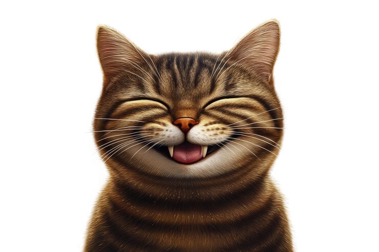 PSD um gato listrado alegre irradia felicidade com um grande sorriso e olhos fechados capturando o puro deleite felino em um cenário brilhante