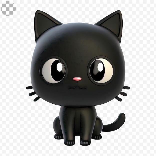 Um gato preto com nariz rosa senta-se em um fundo transparente