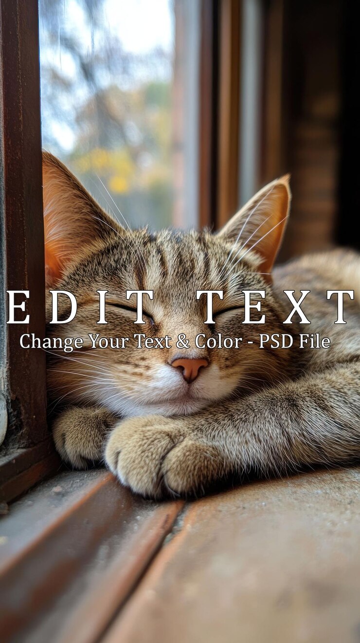 PSD um gato tabby com os olhos fechados dorme tranquilamente no peitoral da janela