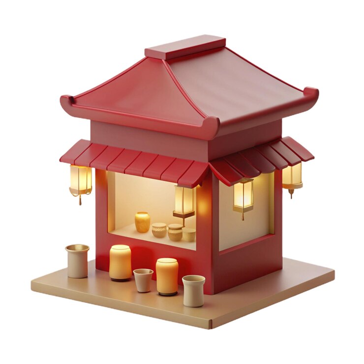 PSD um gazebo vermelho e marrom com um telhado vermelho e velas dentro