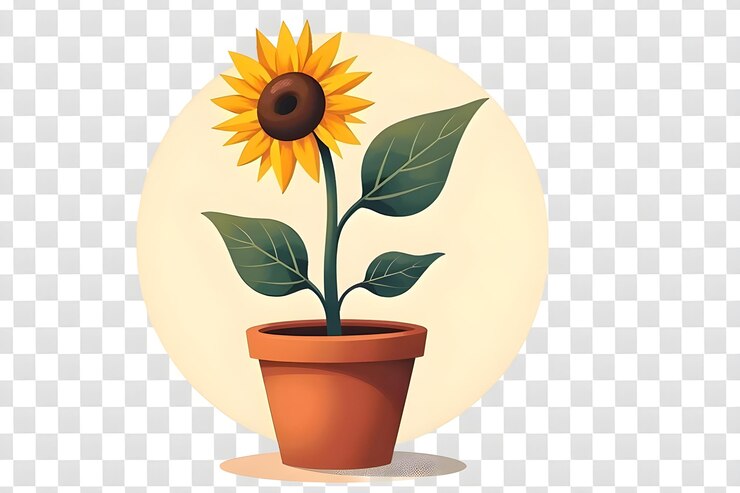 PSD um girassol está em uma panela de flores em um fundo transparente