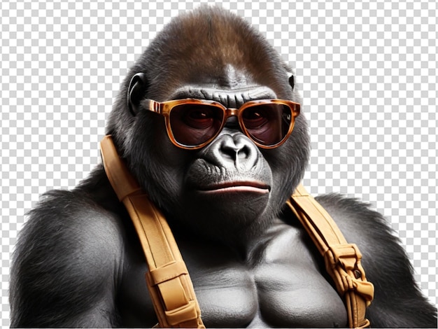 PSD um gorila bonito usando óculos de sol em fundo transparente