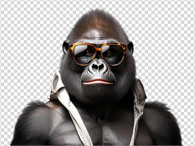 PSD um gorila bonito usando óculos de sol em fundo transparente