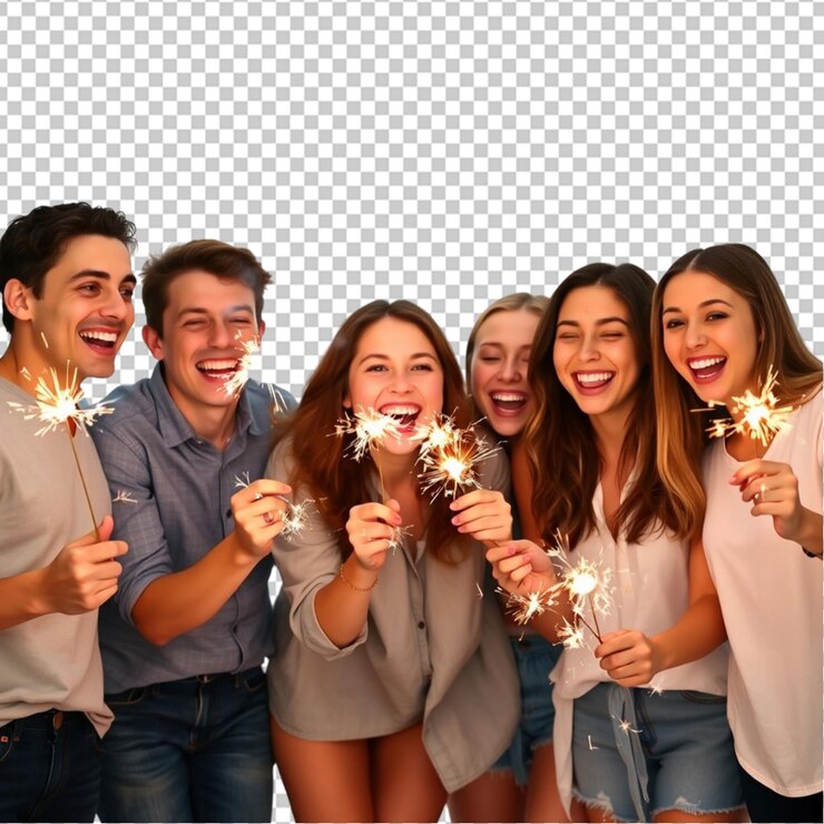 PSD um grupo de amigos jogando alegremente com faíscas seus rostos brilhando de excitação contra um fundo branco brilhante