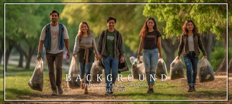PSD um grupo de amigos limpando um parque