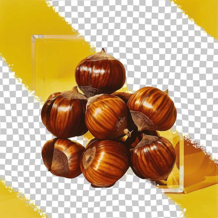 PSD um grupo de bolas castanhas e brancas com um fundo amarelo com uma flecha amarela apontando para a direita