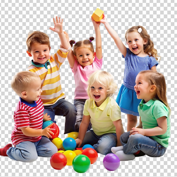 PSD um grupo de crianças brincando com blocos e rindo em fundo transparente