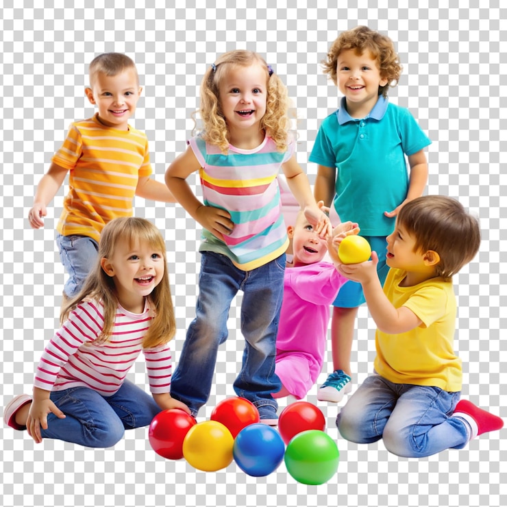 PSD um grupo de crianças brincando com blocos e rindo em fundo transparente