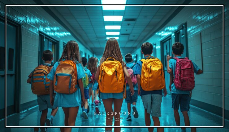 PSD um grupo de crianças da escola primária caminha por um corredor com suas mochilas