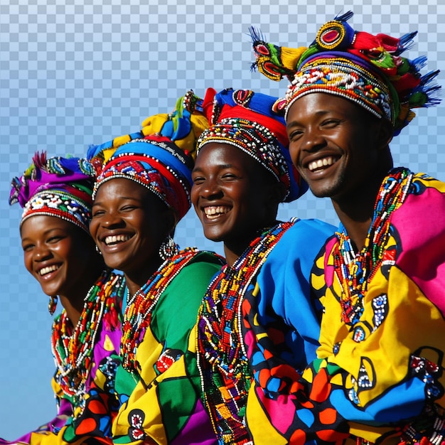 Um grupo de danças tradicionais alegres contra um céu azul claro