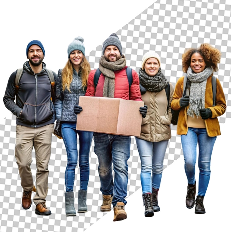 PSD um grupo de dez pessoas vestidas com roupas de inverno em fila contra um fundo branco