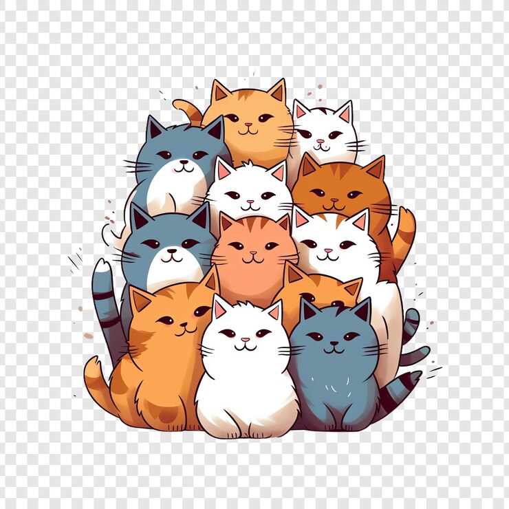PSD um grupo de gatos em um círculo com as palavras "gatos" citados na parte inferior