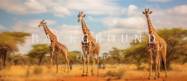 PSD um grupo de girafas na natureza com vistas de grama seca durante a estação seca