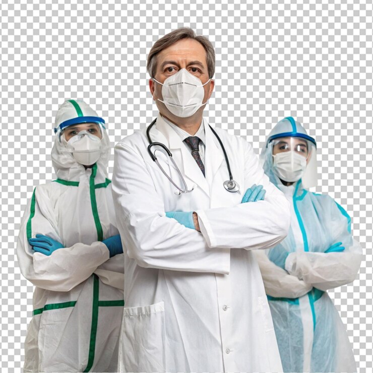 Um grupo de médicos e enfermeiros vestidos com equipamentos especiais de proteção isolados em um fundo branco