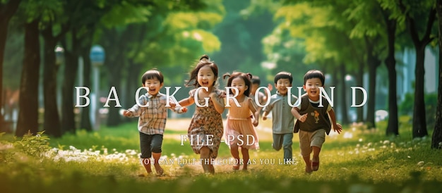 Um grupo de meninos e meninas brincando e correndo felizmente no parque