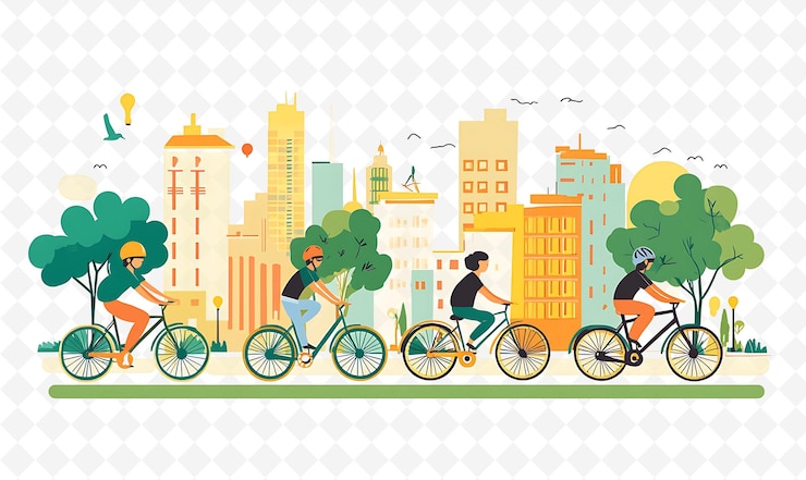 PSD um grupo de pessoas andando de bicicleta em um parque da cidade