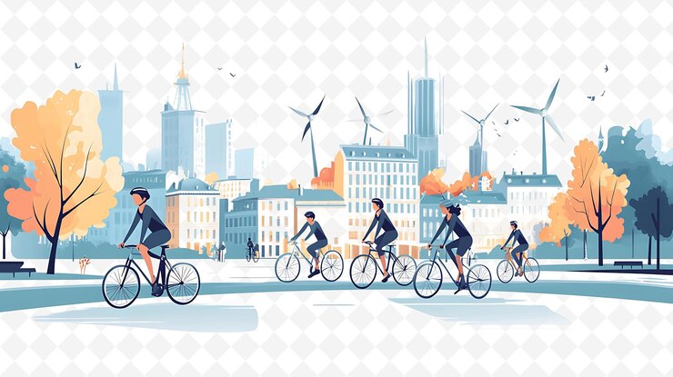 PSD um grupo de pessoas andando de bicicleta em uma cidade com um fundo de cidade e um pássaro voando