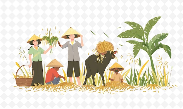 um grupo de pessoas com chapéus e chapéus estão de pé em um campo com uma vaca