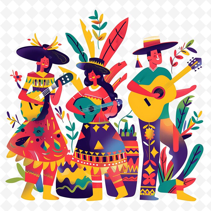 PSD um grupo de pessoas com chapéus e sombrero tocando guitarra