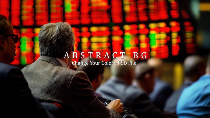 PSD um grupo de pessoas observa um ticker de ações com os rostos obscurecidos. o ticker mostra uma mistura de números vermelhos e verdes indicando um mercado volátil.