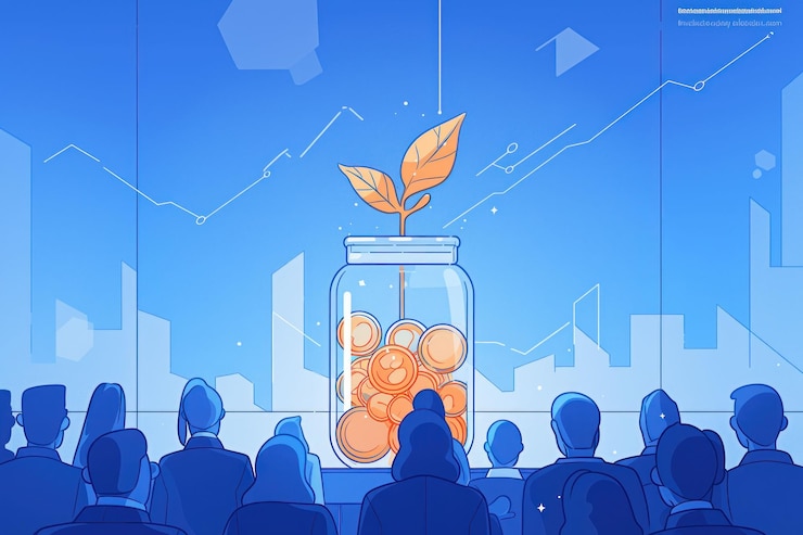 PSD um grupo de pessoas olhando para um frasco de vidro cheio de moedas e uma planta crescendo fora dele o frasco representa crescimento e prosperidade