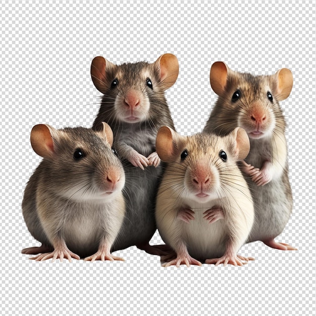 Um grupo de ratos está de pé junto, um dos quais está usando uma coleira.