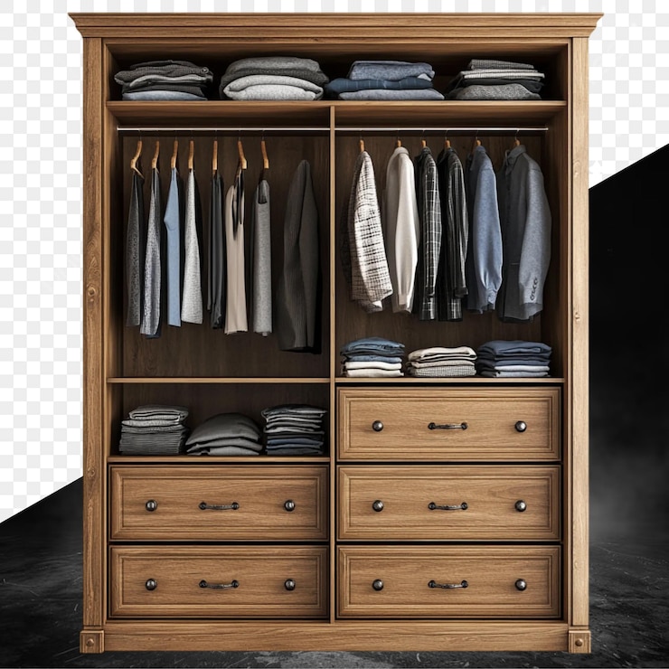 PSD um guarda-roupa de madeira com camisas e camisas nele