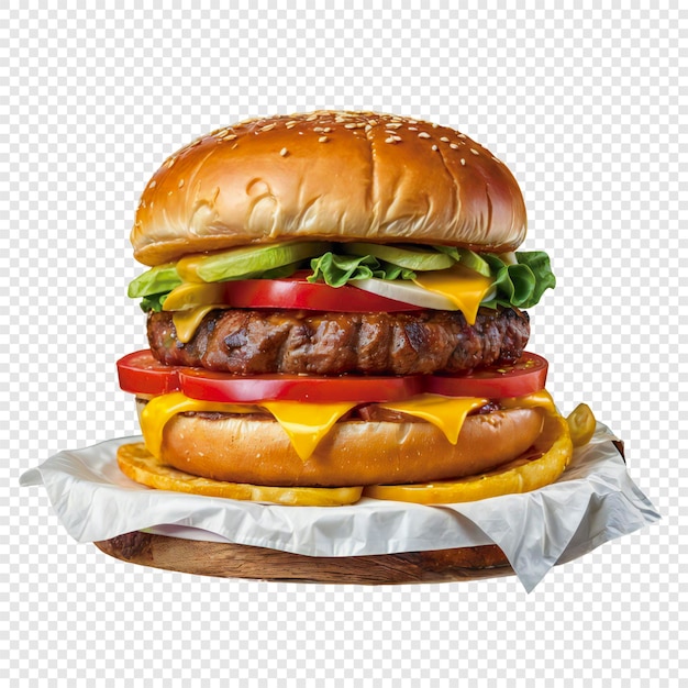 Um hambúrguer com um hambúrguer nele e uma foto de um hamburguês nele
