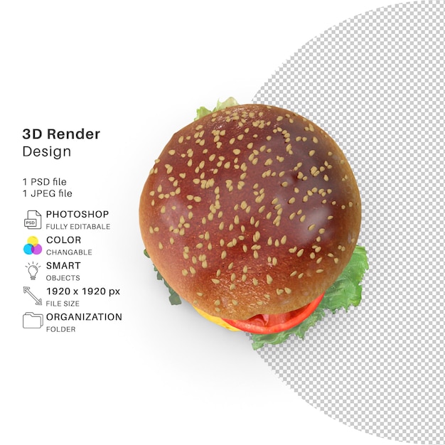 Um hambúrguer com um hambúrguer nele que diz design de renderização 3d.