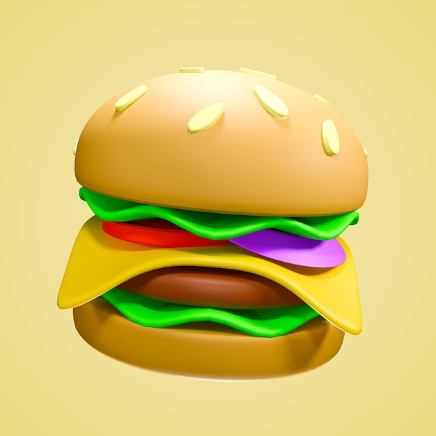 um hambúrguer de ícone 3D com um fundo amarelo e um corante alimentar verde e roxo