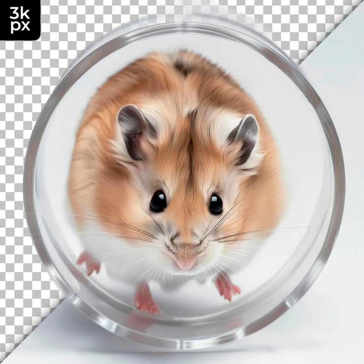 PSD um hamster em um recipiente redondo com um fundo preto e branco