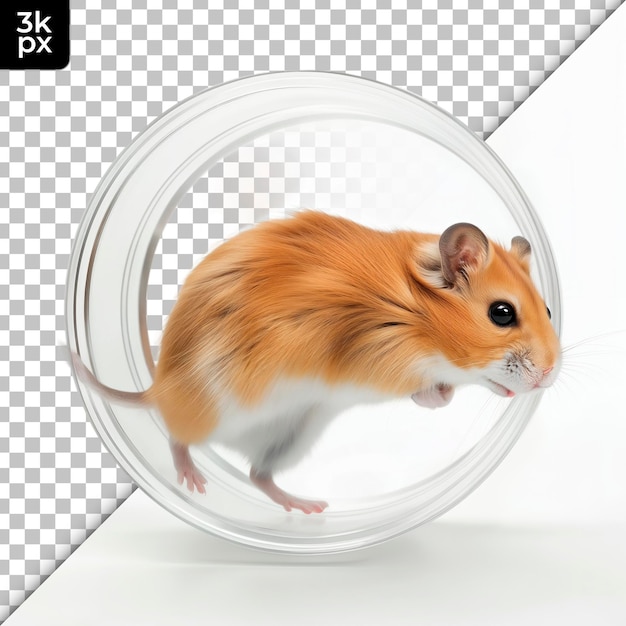 PSD um hamster em uma tigela de vidro redonda com um fundo preto com um fundo branco