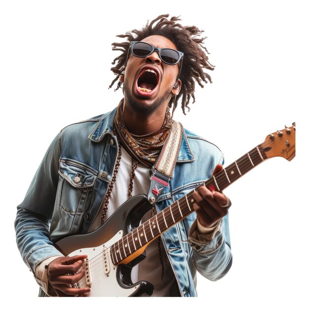 PSD um hipster afro-americano louco a fingir que toca guitarra a divertir-se.