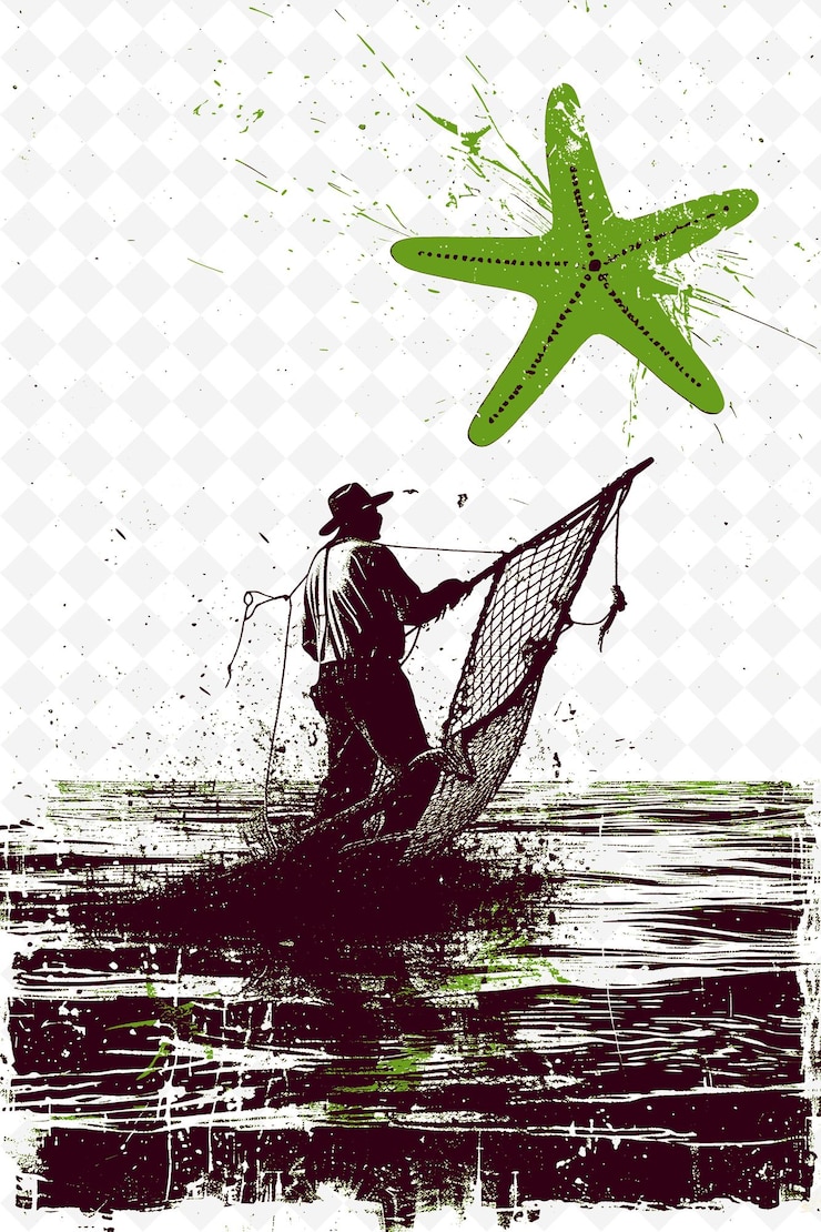 PSD um homem a pescar com uma estrela-do-mar na cabeça.