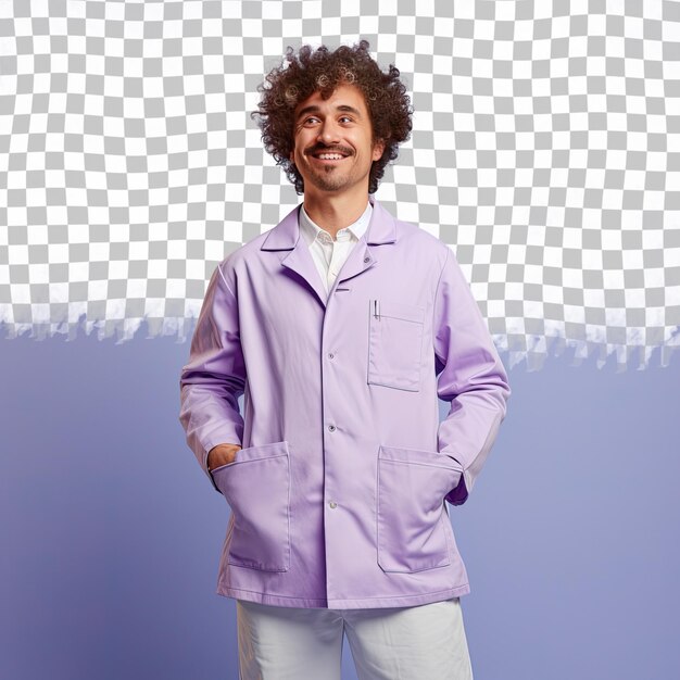 PSD um homem adulto apático com cabelo encaracolado da etnia da ásia ocidental vestido com trajes de cientista de alimentos posa em um estilo de pé com quadris inclinados contra um fundo pastel periwinkle