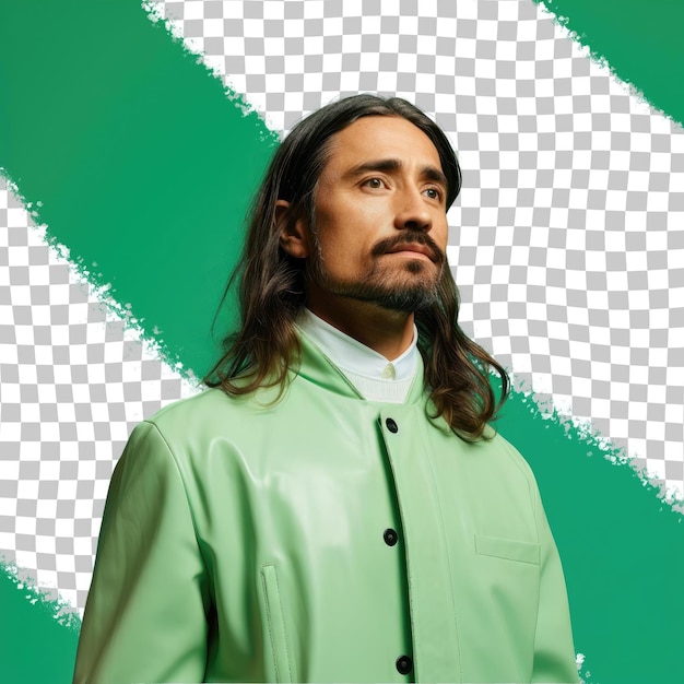 PSD um homem adulto calmo com cabelos longos da etnia da ásia ocidental vestido com trajes de biotecnólogo posa no estilo back to camera with turned head contra um fundo verde pastel