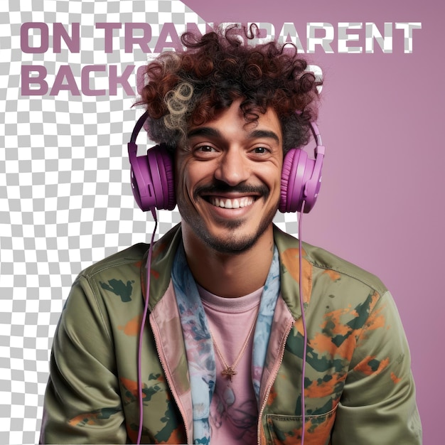 Um homem adulto confuso com cabelo pervertido da etnia escandinava vestido com roupas de videogame em consoles posa em um estilo eyes closed with a smile contra um fundo pastel mauve