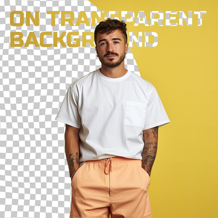 PSD um homem adulto de cabelos curtos de etnia hispânica vestido com trajes de enfermeira posa em um estilo de pé com quadris inclinados contra um fundo amarelo pastel
