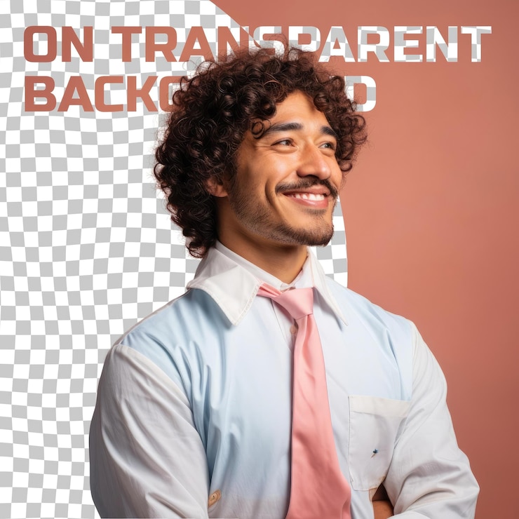 PSD um homem adulto deprimido com cabelos encaracolados da etnia mongol vestido com trajes de farmacêutico posa em um estilo de olhos fechados com um sorriso contra um fundo de salmão pastel