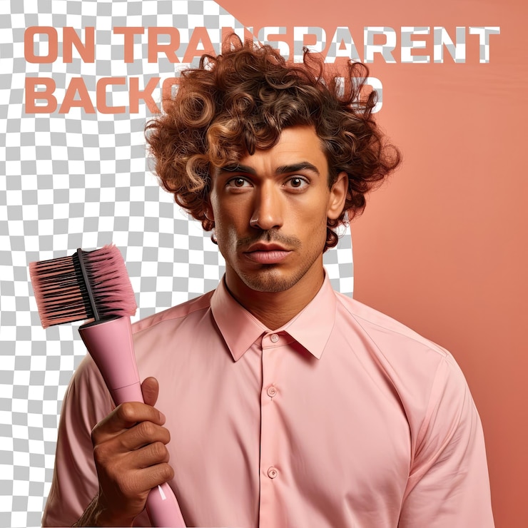 PSD um homem adulto determinado com cabelos encaracolados da etnia nativa americana vestido com trajes de cosmetologista posa em um estilo de escovação de mão através do cabelo contra um fundo de pêssego pastel
