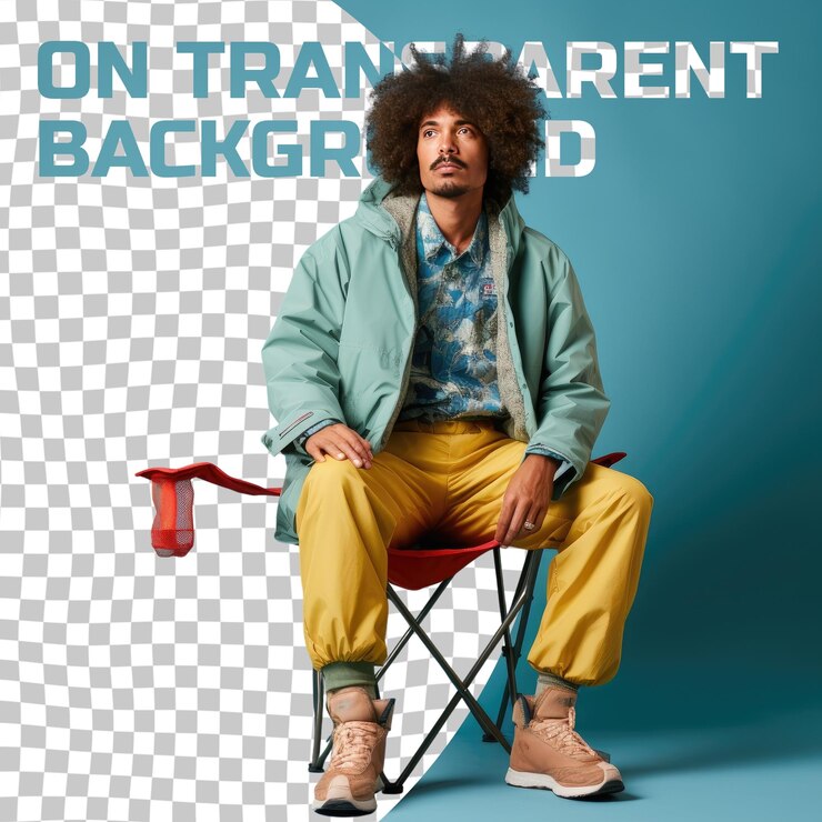 PSD um homem adulto esperançoso com cabelos encaracolados da etnia afro-americana vestido com trajes de acampamento na floresta posa em comprimento completo com um estilo prop como uma cadeira contra um ba azul pastel